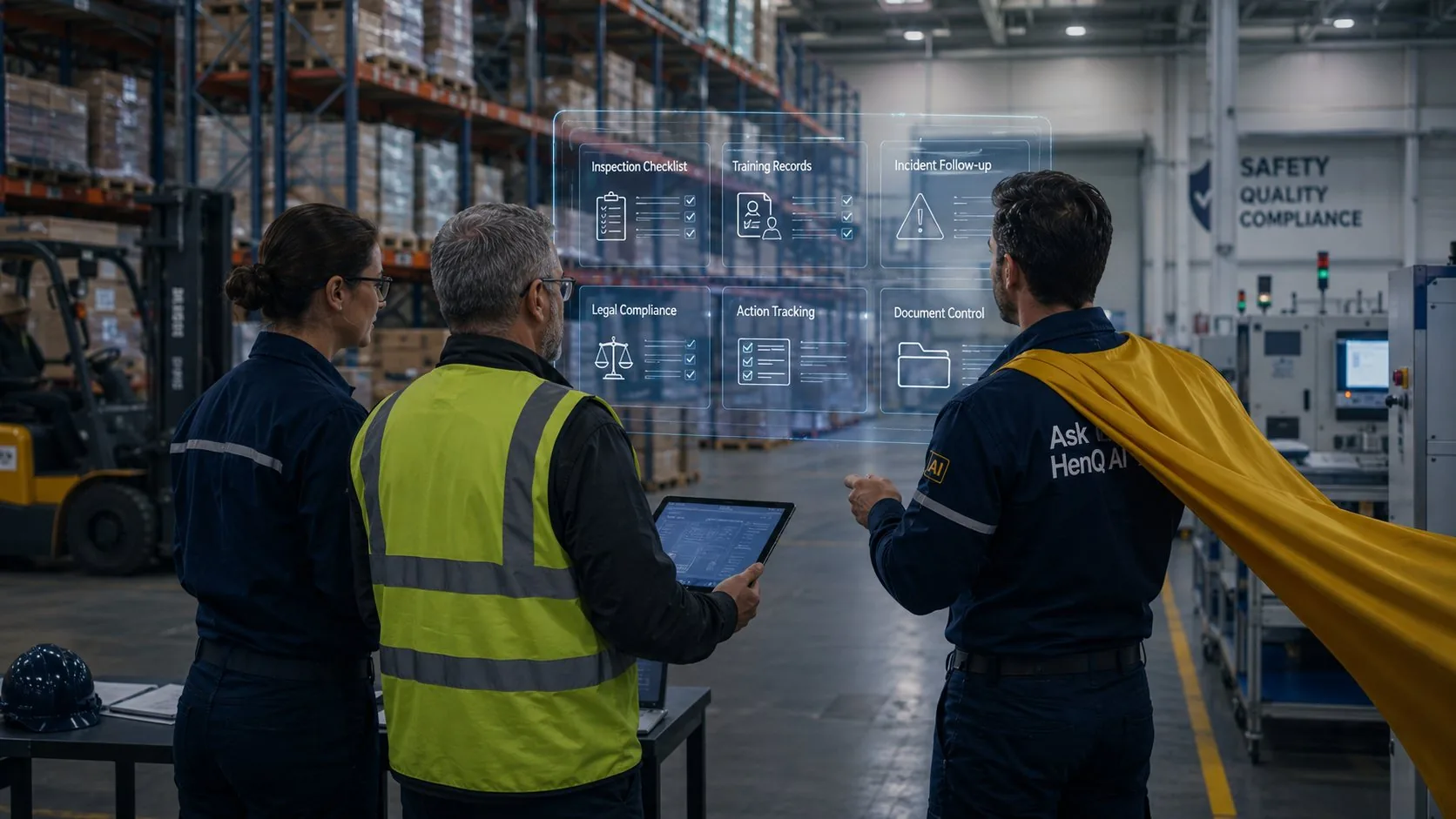 Ask HenQ AI-held met okergele cape overziet een HSEQ-werkomgeving